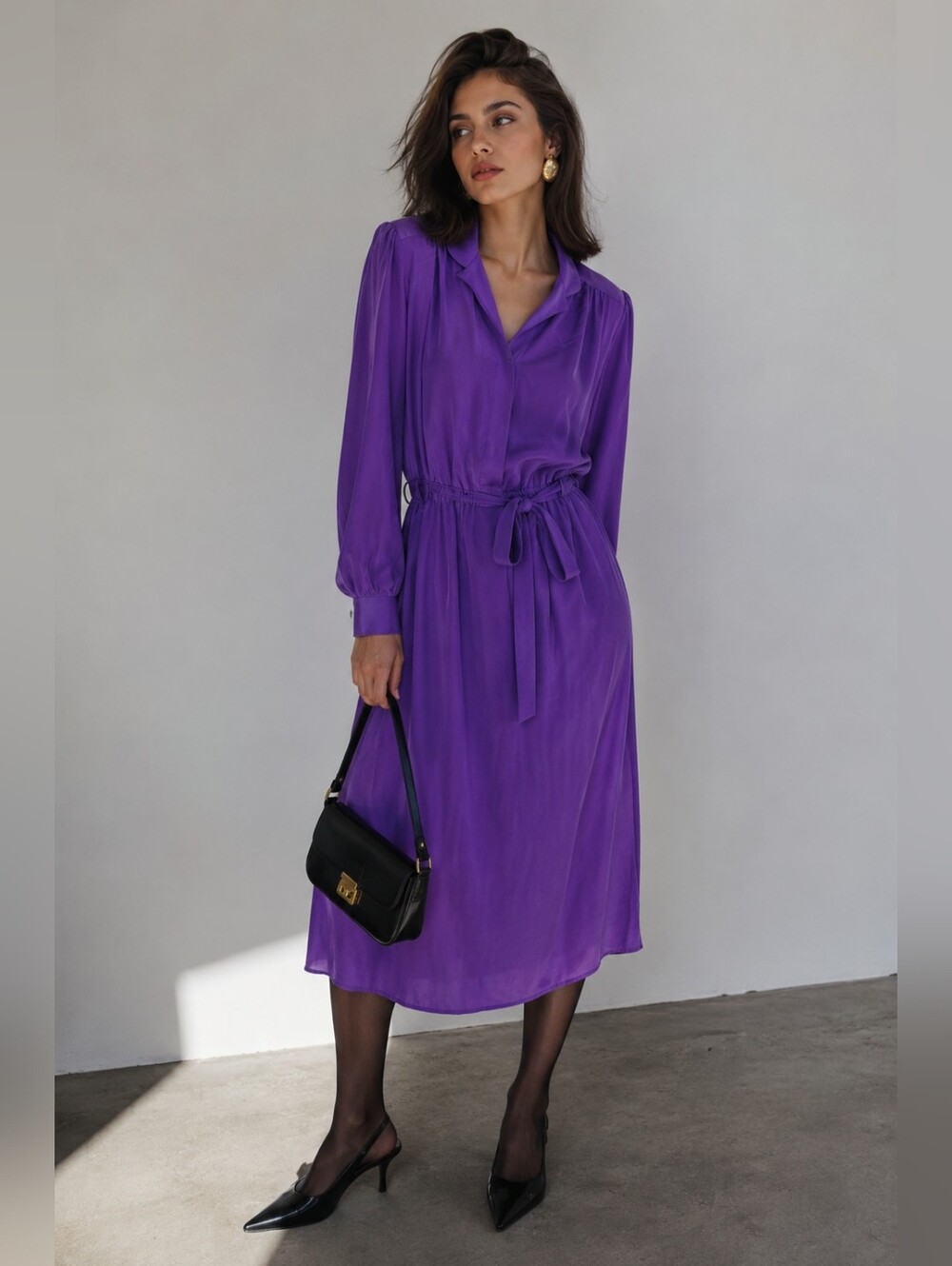 Vintage 80s 100% Silk Eaton Dress Size 7 (M) Purple Shoulder Pads Retro Midi